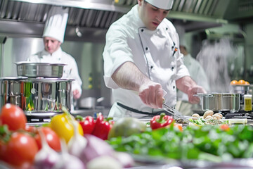 A culinary arts training session, chef instructing students in a commercial kitchen, detailed cooking tools and ingredients.
