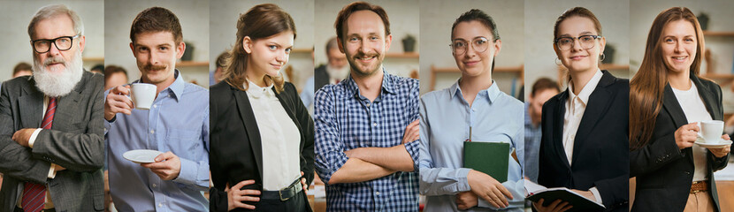 Energetic and creative spirit in startup environment. Different men and women, of different age, business people smiling against office background. Concept of business, entrepreneurship, career, team