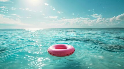 tropical paradise pink inflatable ring floating in turquoise sea idyllic summer background