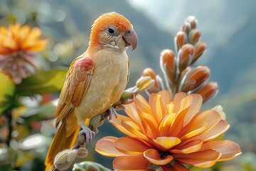 Digital image of golden parrot perched on a flower, high quality, high resolution