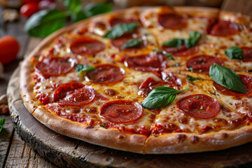 Delicious Pepperoni Pizza with Fresh Basil on Rustic Wooden Table in Cozy Setting