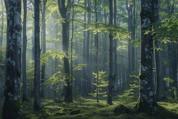 Green forest with beech trees, during spring time, with sun light and shadows, in a morning misty atmosphere.