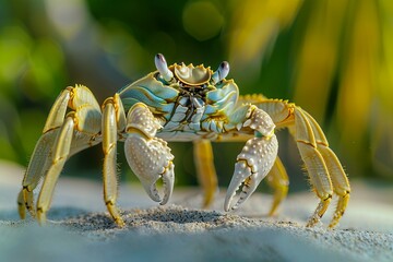 An adult crab wandering along a sandy beach, high quality, high resolution
