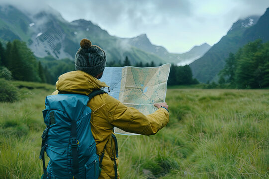 Lost hiker checking map, navigating through vast wilderness