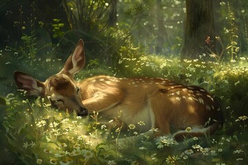 A deer is sleeping in a field of flowers