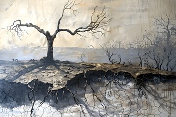 A painting of a tree with its roots exposed in the ground. The painting has a mood of sadness and loss, as the tree appears to be dying