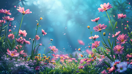 A magical display of pink flowers blooming in a dreamlike, ethereal meadow under soft light.