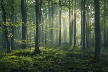 Fototapeta premium Green forest with beech trees, during spring time, with sun light and shadows, in a morning misty atmosphere.