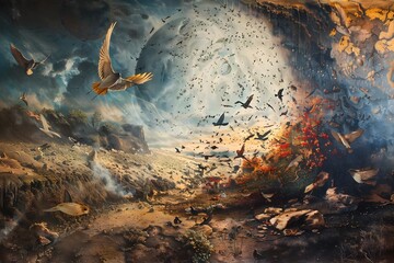 A painting of a bird flying over a rocky landscape with a large number of birds below. The painting has a sense of chaos and destruction, with the birds scattered all over the scene. The sky is dark