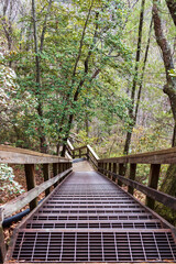 A wooden staircase with a metal grate in between