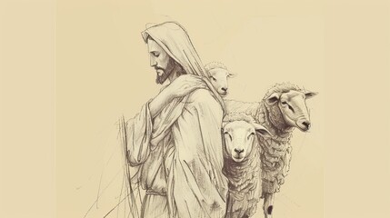 Fototapeta premium Redemption and Compassion: Jesus' Parable of the Lost Sheep, Biblical Illustration