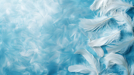 Plane of white bird feathers on background of blue tex - Powered by Adobe