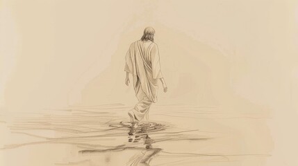 Obraz premium Biblical Illustration of Jesus Walking on Water, Serene and Miraculous Scene for Religious Stock Photography