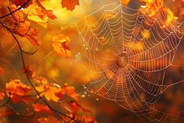 A spider web is shown in a field of autumn leaves. The web is surrounded by leaves and branches, creating a beautiful and serene scene. The colors of the leaves and the web create a sense of warmth