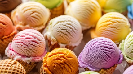 Fototapeta premium A row of colorful ice cream balls on a white background