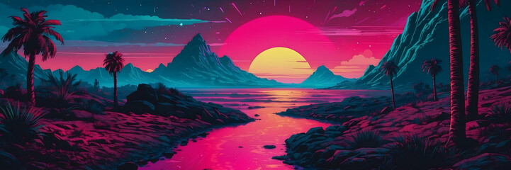 A digital illustration of a neon retro-futuristic landscape with a large sun setting over mountains and water