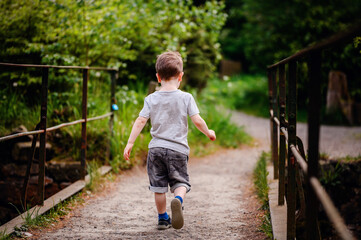 Young boy in a gray t-shirt and denim shorts walking along a rustic pathway surrounded by lush greenery. Capturing the essence of childhood exploration and freedom in nature.