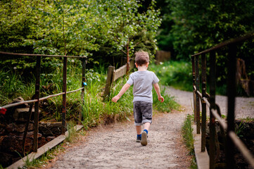 Young boy in a gray t-shirt and denim shorts walking along a rustic pathway surrounded by lush greenery. Capturing the essence of childhood exploration and freedom in nature. © Oleksii Yemelianov