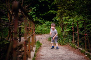 Young boy in a gray t-shirt and jeans, smiling and bending down playfully on a rustic bridge,...