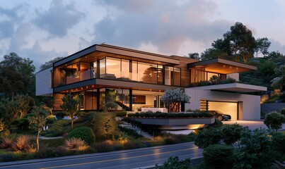 3D rendering of a modern house on a hill with wood and glass accents in evening lighting