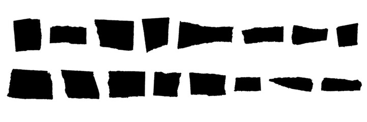 Jagged rectangle frames. Torn Paper Pieces Frames set. Black grunge rectangle. Vector Collage Shape of Black Ripped Papers Silhouettes Sheet for Sticker, Collage, Banner isolated on white background.