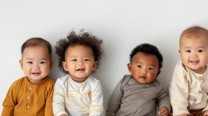 Four smiling babies of diverse ethnic backgrounds, wearing colorful clothes against a plain background