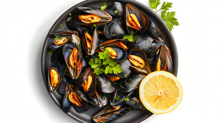 Plate with cooked mussels parsley and lemon isolated o