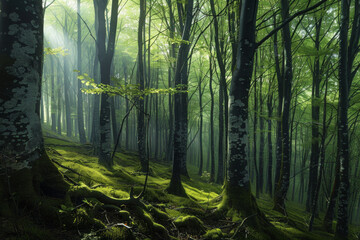 Obraz premium Green forest with beech trees, during spring time, with sun light and shadows, in a morning misty atmosphere.