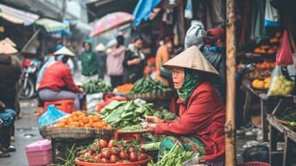 Obraz premium A female street vendor in Vietnam, wearing a conical hat, sitting amidst her fresh produce in a bustling market