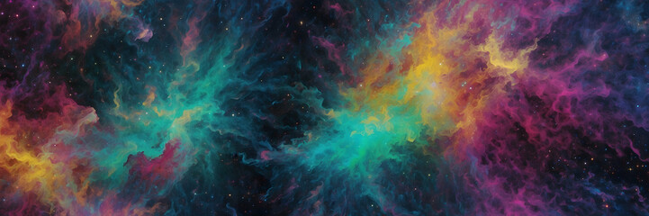 A mesmerizing digital art piece showcasing a vibrant space nebula with a cosmic color palette