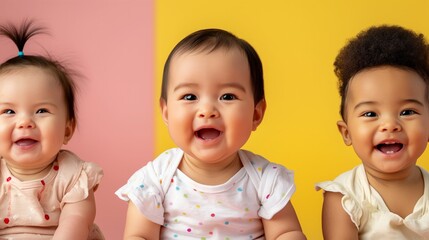 Three joyful babies with diverse ethnic backgrounds, wearing casual clothes and laughing in front of a colorful background