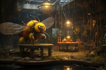 Magical scene featuring a giant bumblebee in an illuminated, atmospheric garden workshop