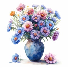 Beautiful and colorful watercolor painting of a floral arrangement in a blue vase, adorned with various flowers.