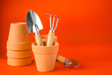 Gardening tools on a blue background with copy space.	