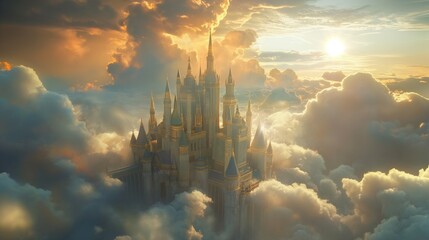 Majestic fantasy castle among clouds at sunrise with glowing sky.