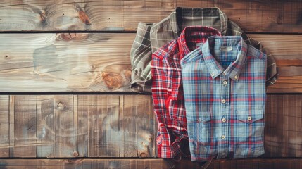  multi-colored checkered women's shirts lying neatly folded on a light wooden background, different checkered shirts. Fashion background, Colorful shirts on brown wooden table

