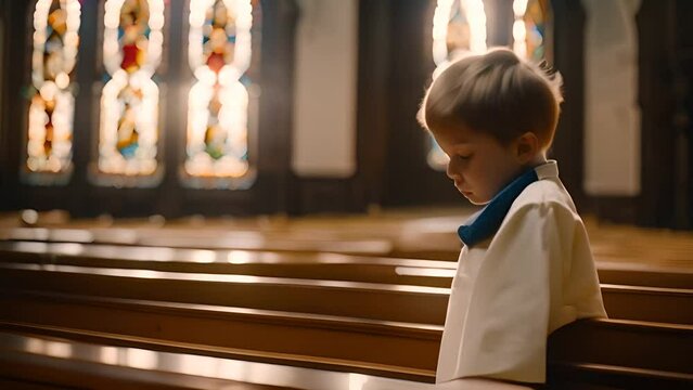 Little Boy Sitting in Pew at Church Generative AI