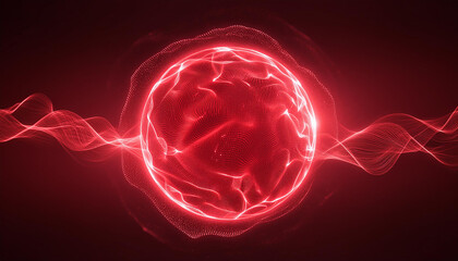 Neon energy sphere of particles and waves of magical glowing. Abstract round shape.