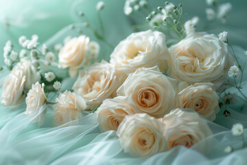 Elegant White Roses on Soft Pastel Background with Delicate Baby's Breath Flowers