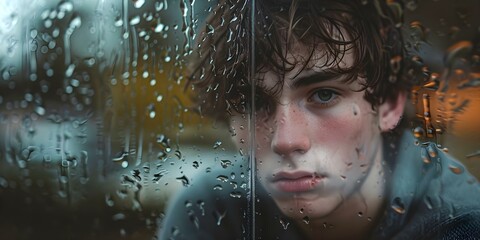 A melancholic young man gazes through a rainstreaked window lost in thoughts. Concept Portrait Photography, Indoor Photoshoot, Emotive Expression, Rainy Day Scene, Contemplation