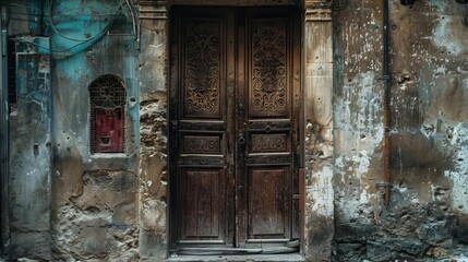 weathered wooden door with intricate details in charming old city alley