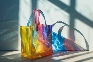 Colorful Transparent Tote Bag with Rainbow Reflections in Sunlight