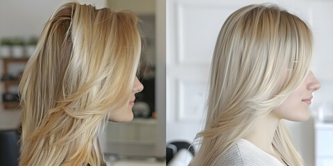 Fototapeta premium Before and after images of womans long blonde hair with extensions. Concept Hair Transformation, Blonde Extensions, Before and After, Long Hair, Hairstyle Change
