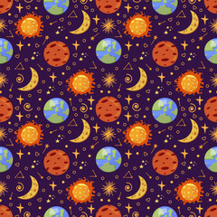 Space seamless pattern with Planets Solar System.Flat vector illustration on dark background