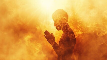 young man praying in smoke with sun rays concept illustration