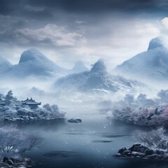 Fototapeta premium A serene winter landscape with snow-covered mountains, a calm lake, and a traditional pagoda amid frosted trees.