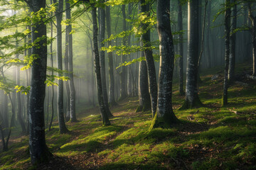 Obraz premium Green forest with beech trees, during spring time, with sun light and shadows, in a morning misty atmosphere.