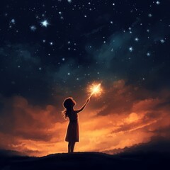 A silhouetted child holding a sparkling light under a starry night sky, evoking wonder, imagination, and the essence of childhood dreams.