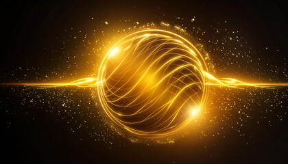 Neon energy sphere of particles and waves of magical glowing. Abstract round shape.