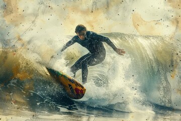 Surfing on a big wave, action shot, dynamic and detailed